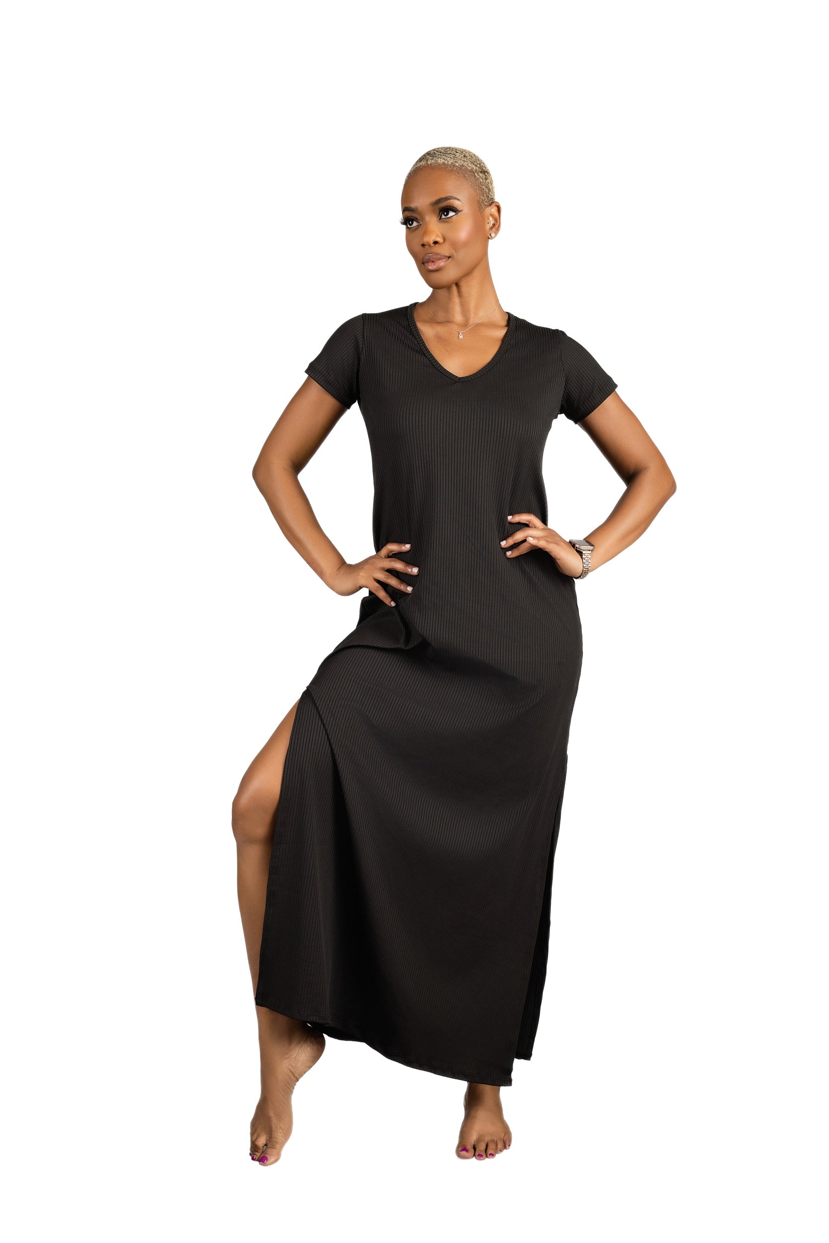 Elegance Ribbed Maxi Dress - Black